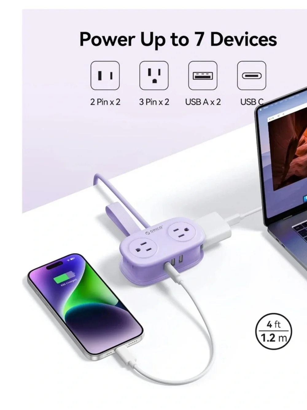 Compact Purple Multi-Port Power Hub with USB-C and USB-A Charging